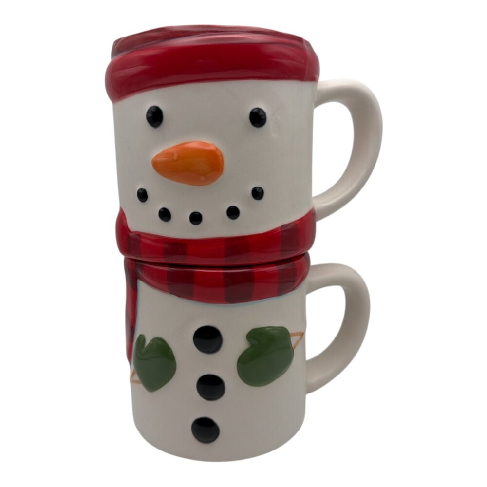 HALLMARK STACKABLE MUG‎ SET SNOWMAN MUGS CHRISTMAS Set of 2 Holiday Cups EUC